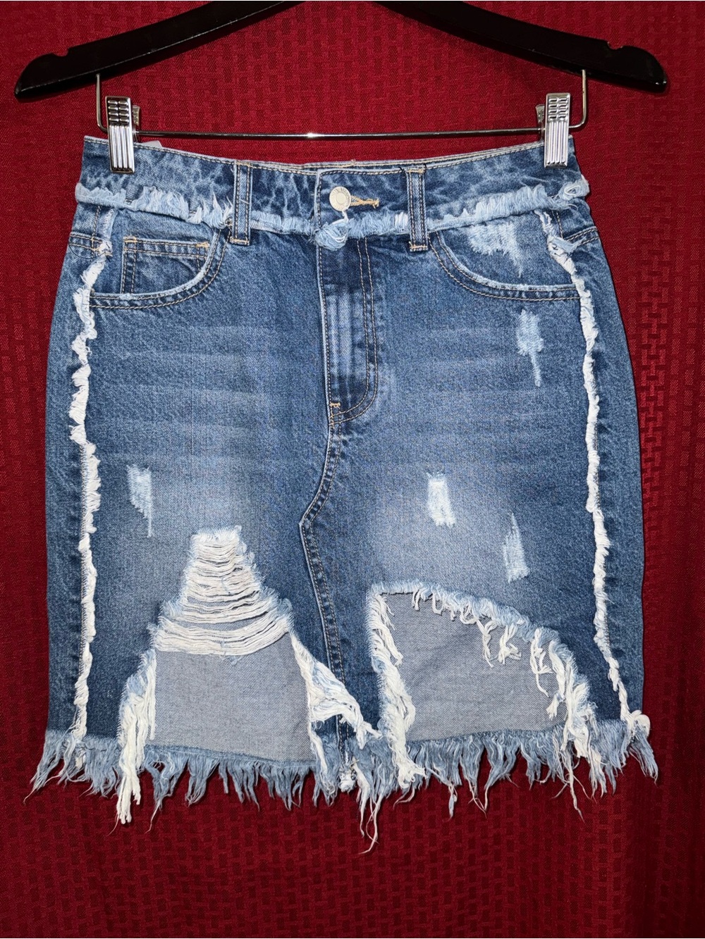 Frayed Light Blue Distressed Denim Mini Skirt